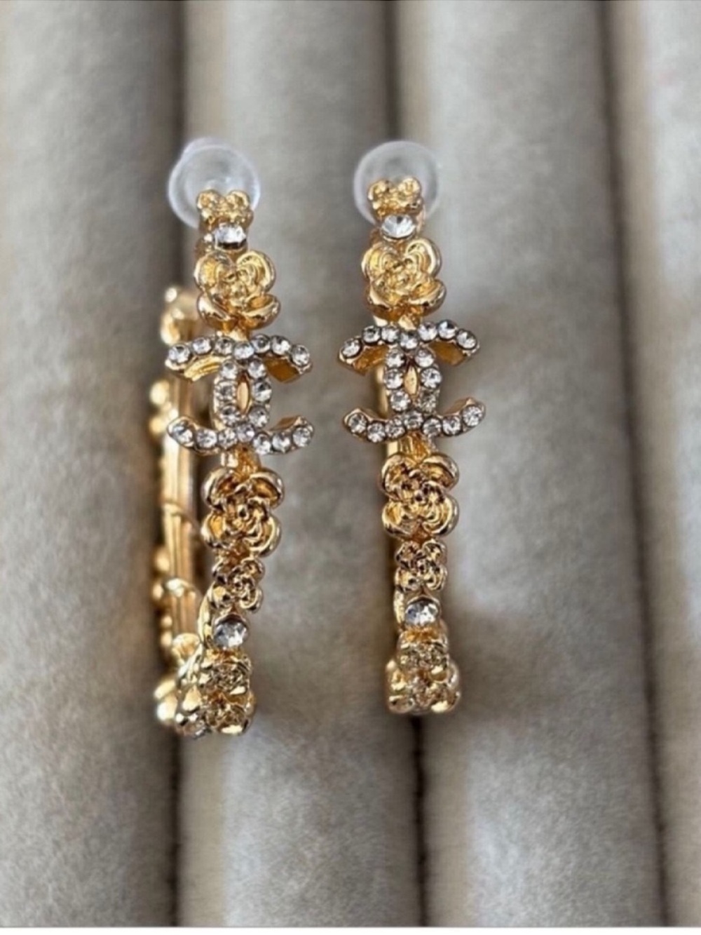 CHANEL 18K Gold Plated Crystal Camellia Drop Earrings with CC Motif